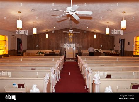 Inside A Small Baptist Church Decorated For The Wedding Ceremony In Usa