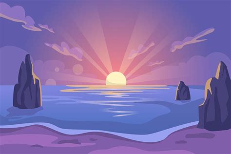 Premium Vector Sunset Sea Landscape Seascape With Sundown Vector