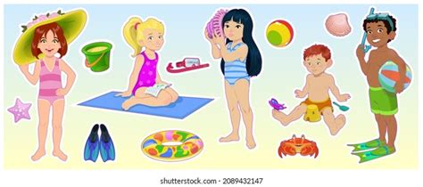 여름 해변에 있는 만화 아이들 스톡 일러스트 2089432147 Shutterstock