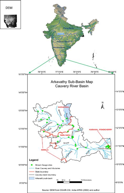 Location map of Cauvery river basin and Arkavathy subbasin along with ...