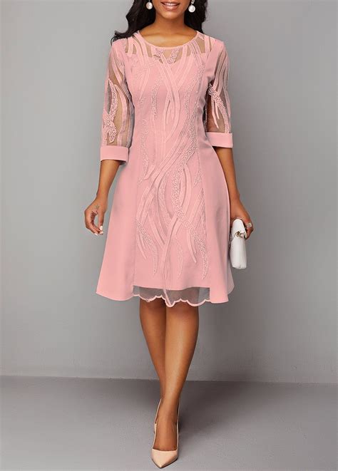 Pink Round Neck Three Quarter Sleeve Lace Dress Rosewe Usd