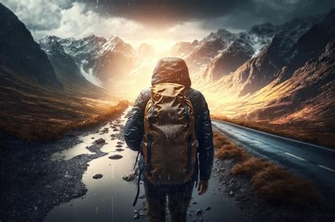 Premium Photo A Tourist Man With A Backpack Walks Alone On A Wet Road