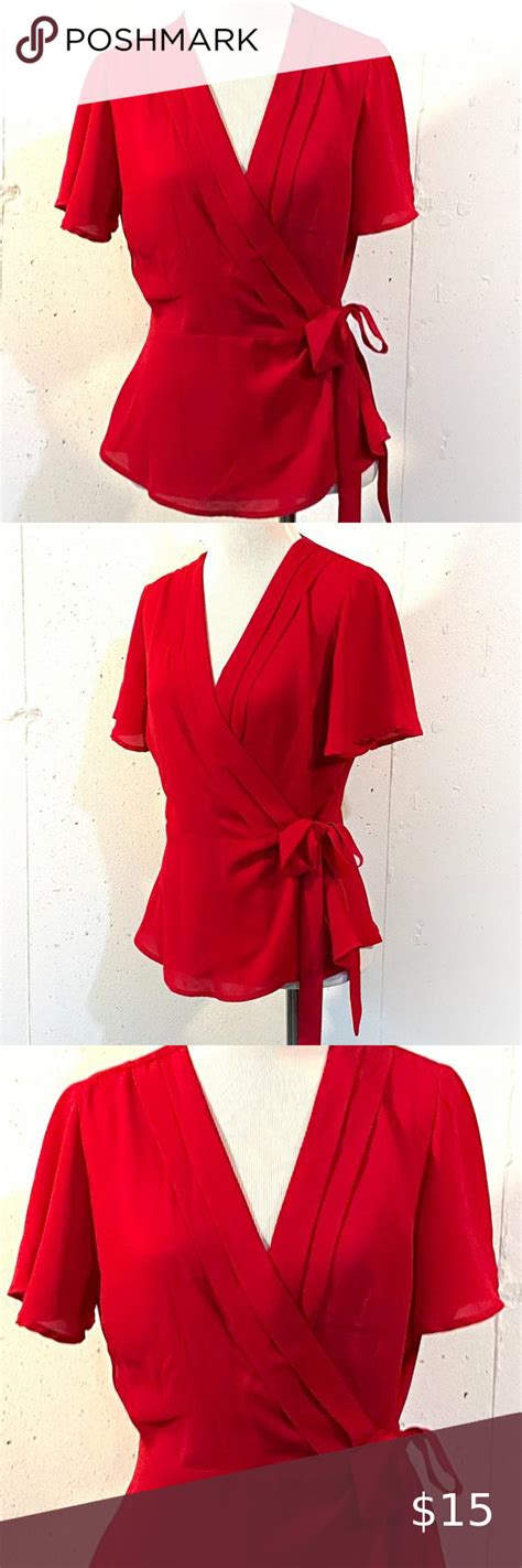 Monteau Red Deep V Neck Wrap Blouse Flowing Top Wrap Closure Size