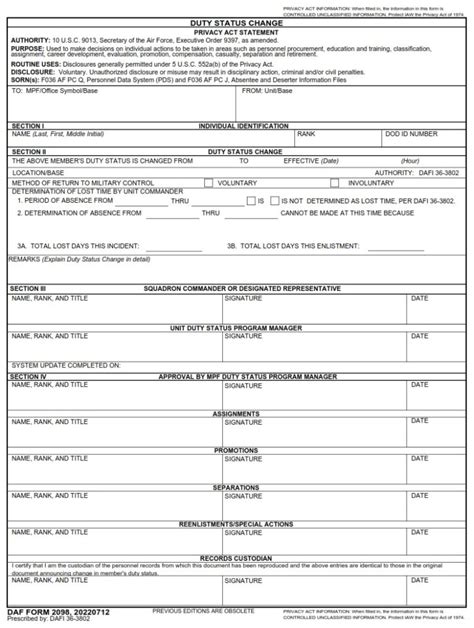 Daf Form 2098 Duty Status Change Af Forms