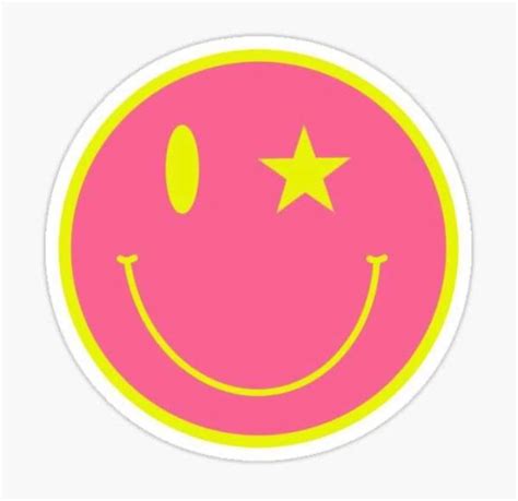 A Pink And Yellow Smiley Face With Stars On Its Forehead Sticker Is Shown