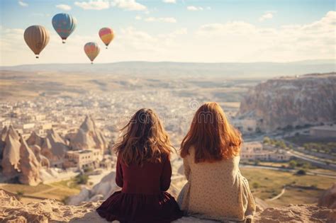 Girls Watching Hot Air Balloon At The Hill Of Cappadocia Stock Illustration Illustration Of