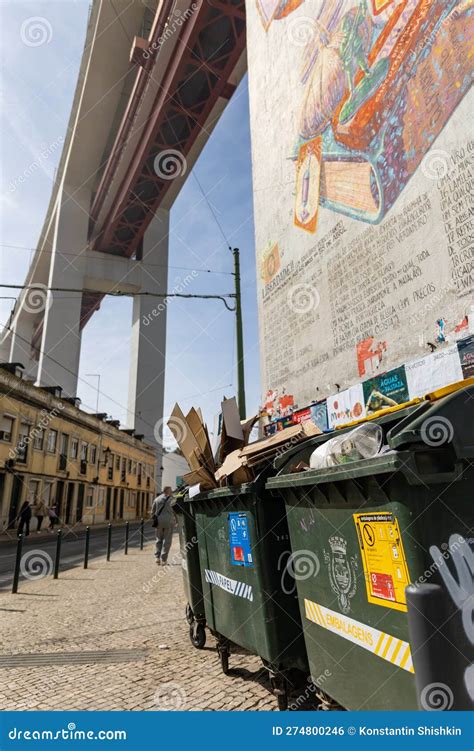 March 12 2023 Lisbon Portugal Trash Cans Painted With Graffiti Under