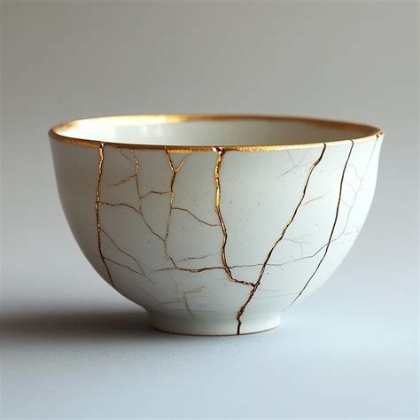 Japanese Kintsugi Bowl Cracked Line Art Pot Premium Ai Generated Image