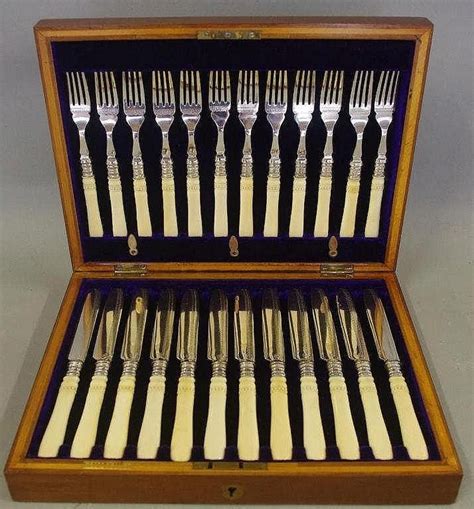 Antique Silver Cutlery Set For 12 With Ivory Handles Flatware Cutlery