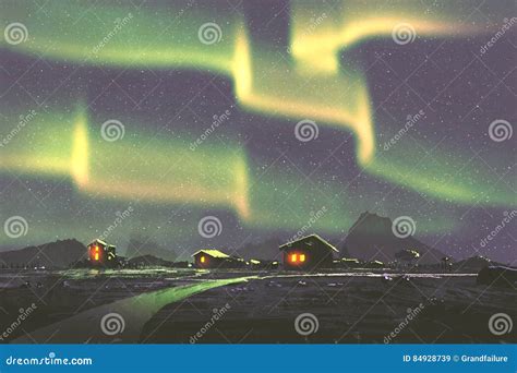 Villaggio Sotto L Aurora Borealis Dell Aurora Boreale Illustrazione Di