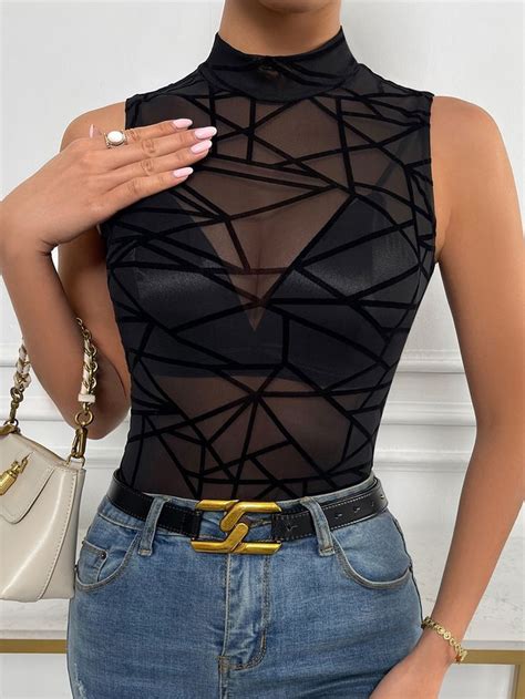 Geo Mesh Mock Neck Bodysuit Without Bra Mesh Clothing Sheer Bodysuit