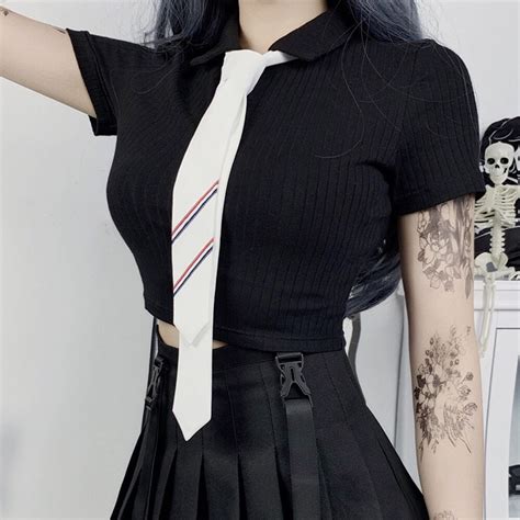 Rosetic Chic Japanese Style Summer Tshirt Women Gothic Black Tie Top