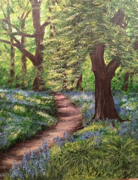 Sunlit path through Bluebell woods...Derbyshire....Acrylic painting ...