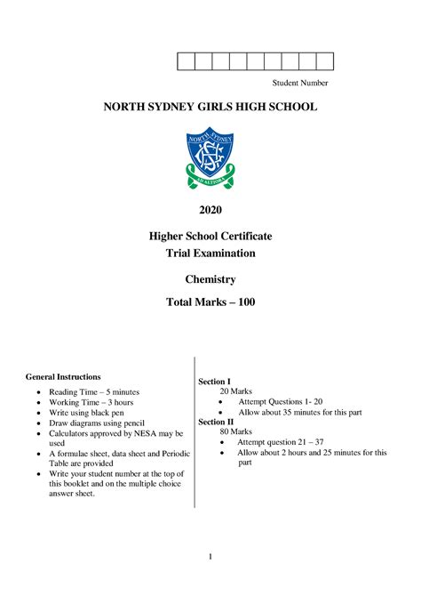 North Sydney Girls 2020 Chemistry Trials & Solutions - Student Number ...