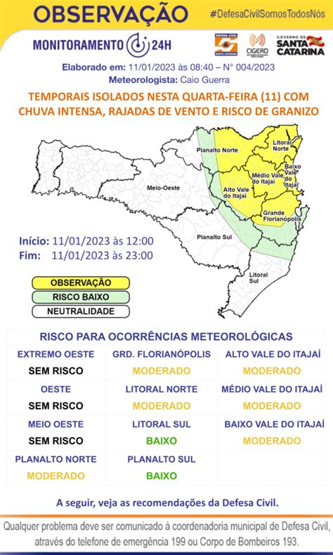 Defesa Civil De Sc Alerta Para Temporais Isolados E Granizo Nesta