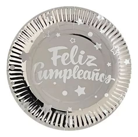 Platos De Feliz Cumpleaños Plateados Desechables 10 Piezas