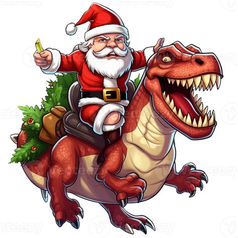 Christmas Santa Claus On A Ride With T Rex Dinosaur Showing Teeth