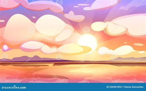 Cartoon Sonnenuntergang Oder Sonnenaufgang Himmel Mit Wolken Und Sonne