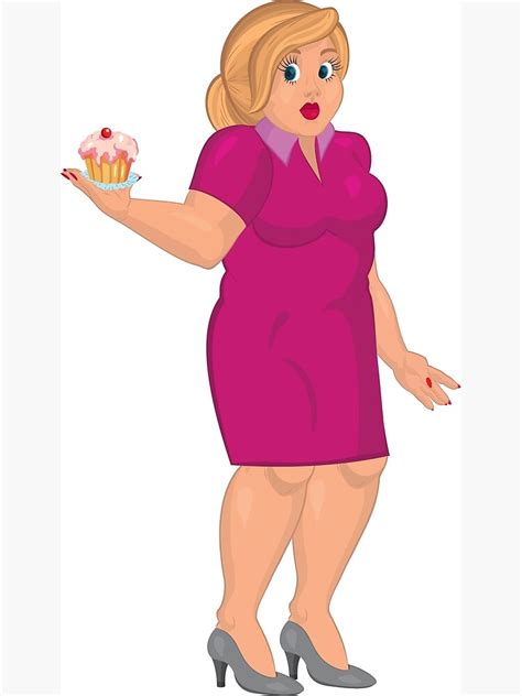 Cartoon Young Fat Woman In Pink Dress Holding Capcake Art Print For