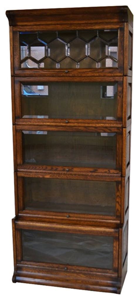 Arts And Crafts Mission Oak 5 Stack Barrister Bookcase With Leaded Glass Craftsman Bookcases