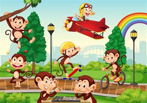 Free Vector Outdoor Park With Many Monkeys Doing Different Activities