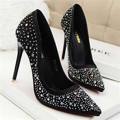 Elegant Color Rhinestone Pointed Toe Shallow Pumps Thin High Heels Wedding Shoes For Women Eur