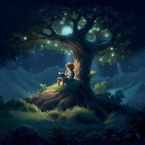 Premium Photo A Painting Of A Girl Sitting Under A Tree Reading A Book