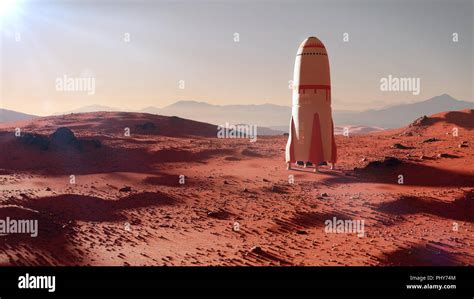 Landscape On Planet Mars Spaceship Landing On The Red Planet S Surface 3d Space Illustration