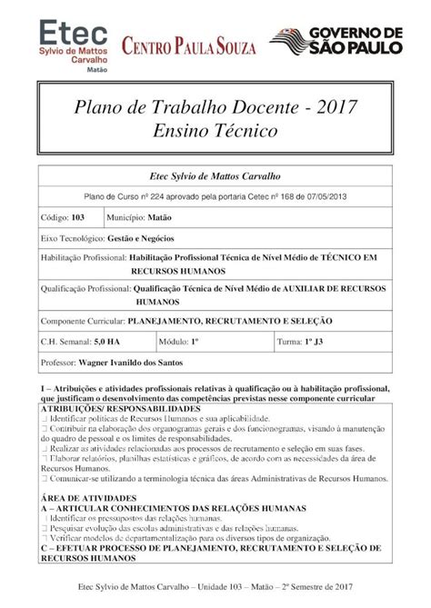 PDF Plano de Trabalho Docente 2017 Ensino Técnico Procedimento