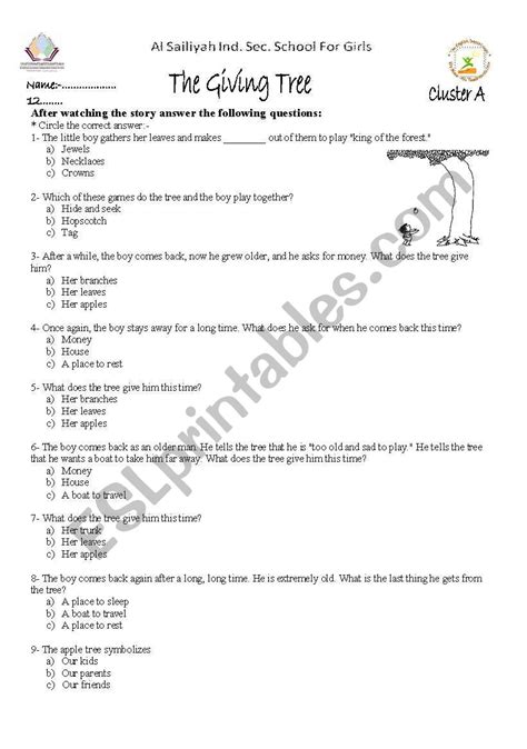 The Giving Tree Esl Worksheet By Tamjihad