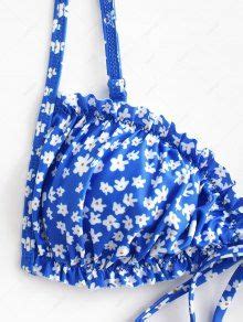 ZAFUL Ditsy Print Ruffle Tie Front Bikini Top In BLUE ZAFUL