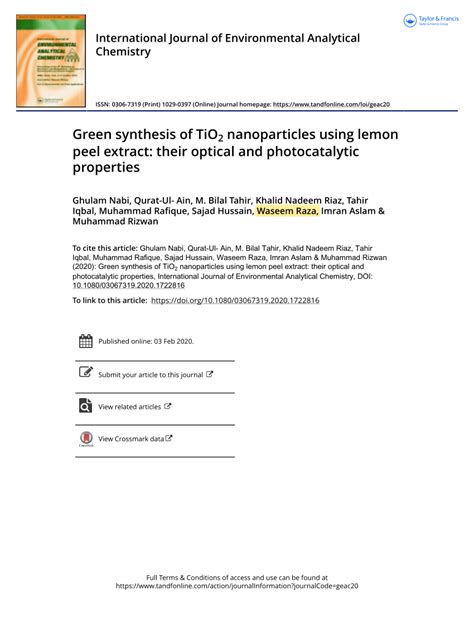 Pdf Green Synthesis Of Tio2 Nanoparticles Using Lemon Peel Extract