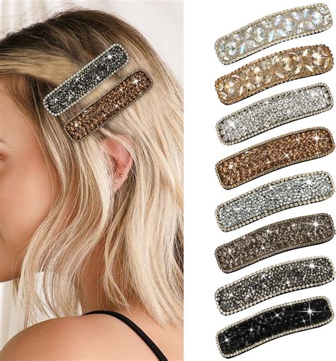 HAYHOI 8PCS Rhinestone Snap Hair Clips Rectangular Crystal Pin 3 Inch