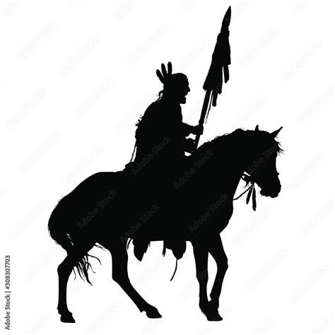 A vector silhouette of an American Indian warrior riding a horse. Stock ...