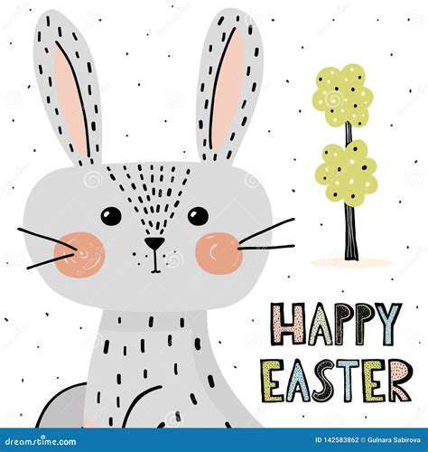 Happy Easter Card With Cute Bunny Stock Vector Illustration Of Hand