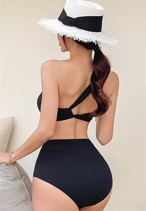 Buy Sunnydaysweety Sexy Solid Color One Shoulder High Waist Bikini