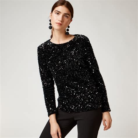 Warehouse Sequin Velvet Long Sleeve Top Black Tops Velvet Top