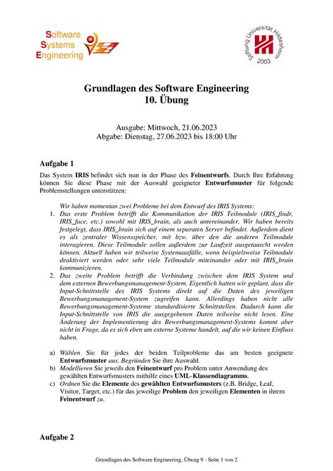 Uebungsblatt Grundlagen Software Engineering Grundlagen Des