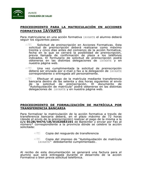 Procedimiento para la matriculación en acciones formativas de