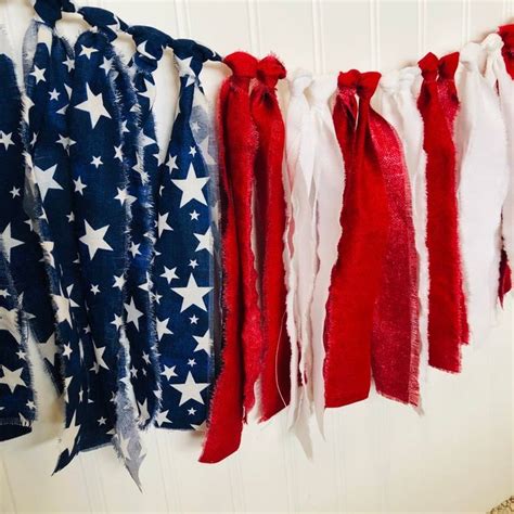 American Flag Rag Tie Banner Patriotic Rag Tie Garland Fabric Flag