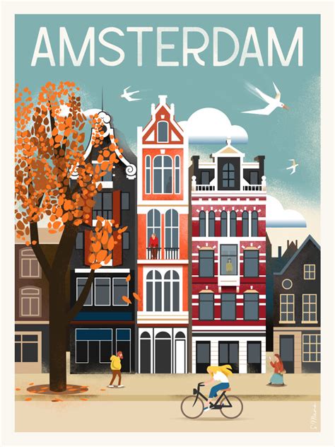 Affiche Poster Damsterdam Aux Pays Bas Illustration Vintage Du