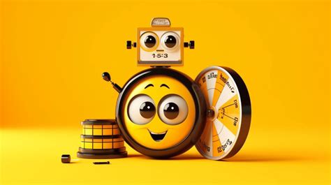 3d Rendering Of Film Reel Cinema Tape With Alarm Clock Mascot On Yellow