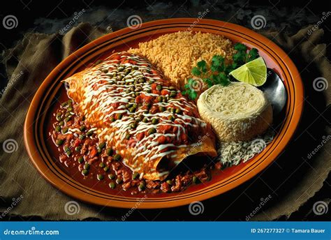 Delicious Enchilada On Plate With Rice Beans And Peppers Stock