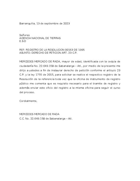 Carta Agencia Nacional DE Tierras Mercedes Barranquilla 13 De