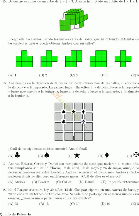 Olimpiada De Matematica Canguro Quinto Grado De Primaria Con Respuestas