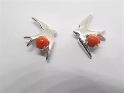 BOUCLES D OREILLES À Clous Avec Hirondelle en Argent 925 E Corail Rouge