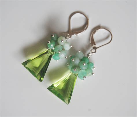 Gemstone Peridot Quartz Cluster Dangle Earrings Natural Chrysoprase