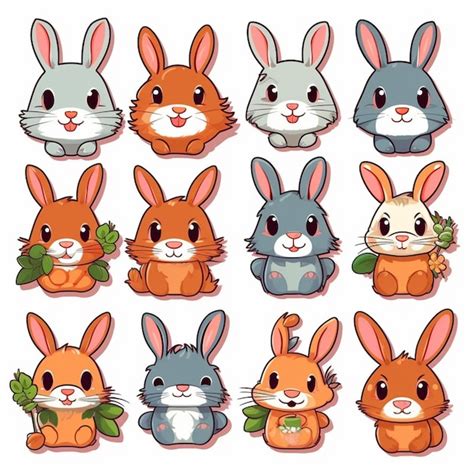 Um Grupo De Coelhos De Desenho Animado Diferentes Rostos E Cores