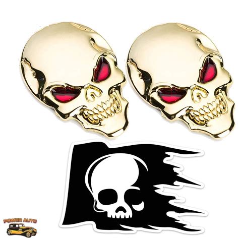 Metal Skull Car Emblem Power Auto 2 Pcs Skull Head W Red Eyes