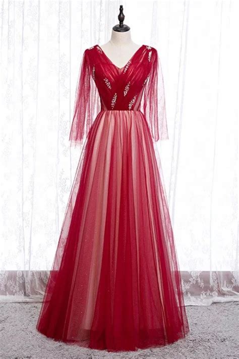 Flowy Long Red Tulle Prom Dress Vneck With Puffy Sleeves